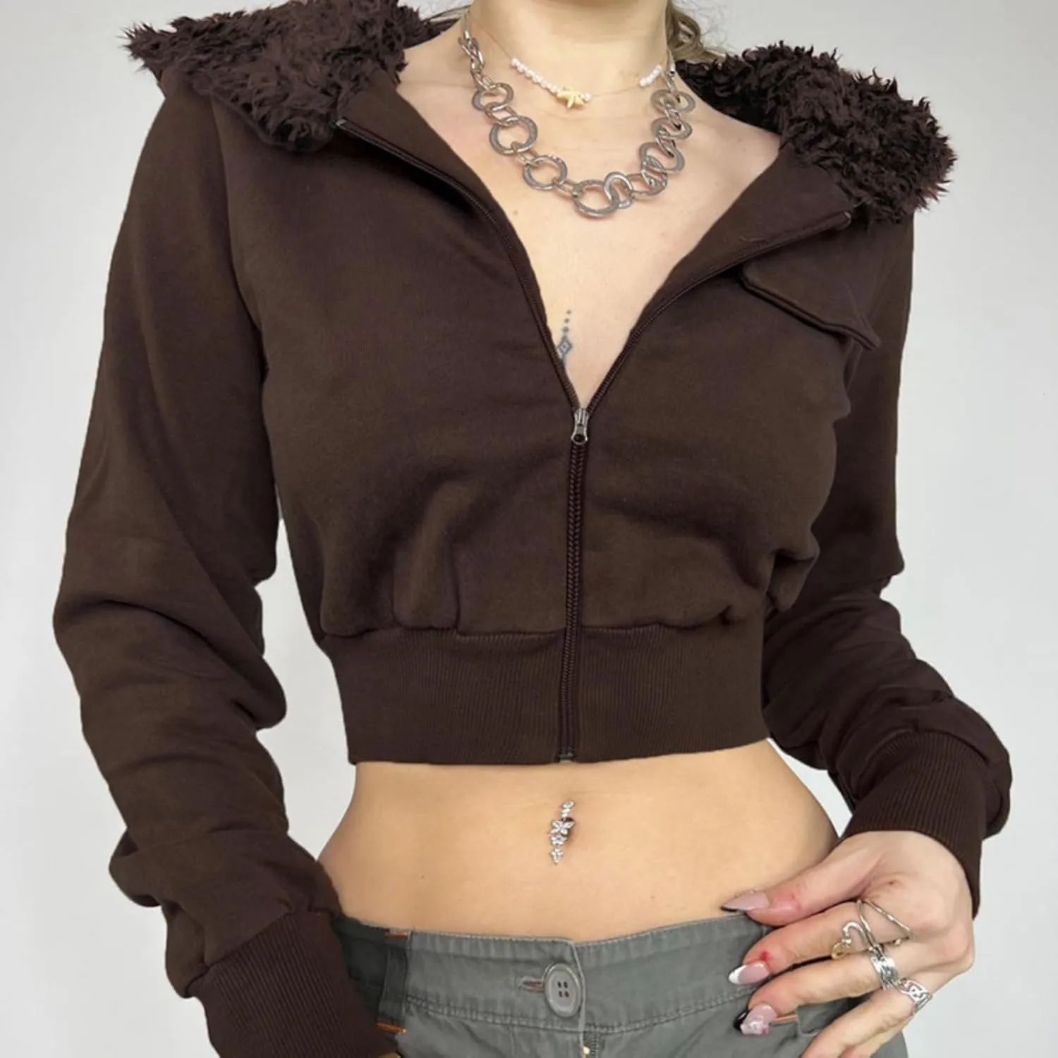 Y2k Zip Up Hoodie Fur Hooded Jacket Graphic Hoodie Grunge 2000s Clothing for Women Crop Winter Coats Streetwear