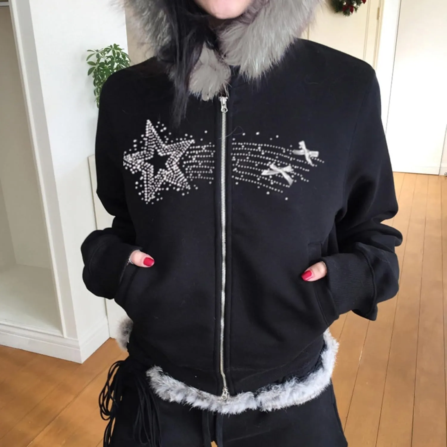 Y2k Zip Up Hoodie Fur Hooded Jacket Graphic Hoodie Grunge 2000s Clothing for Women Crop Winter Coats Streetwear
