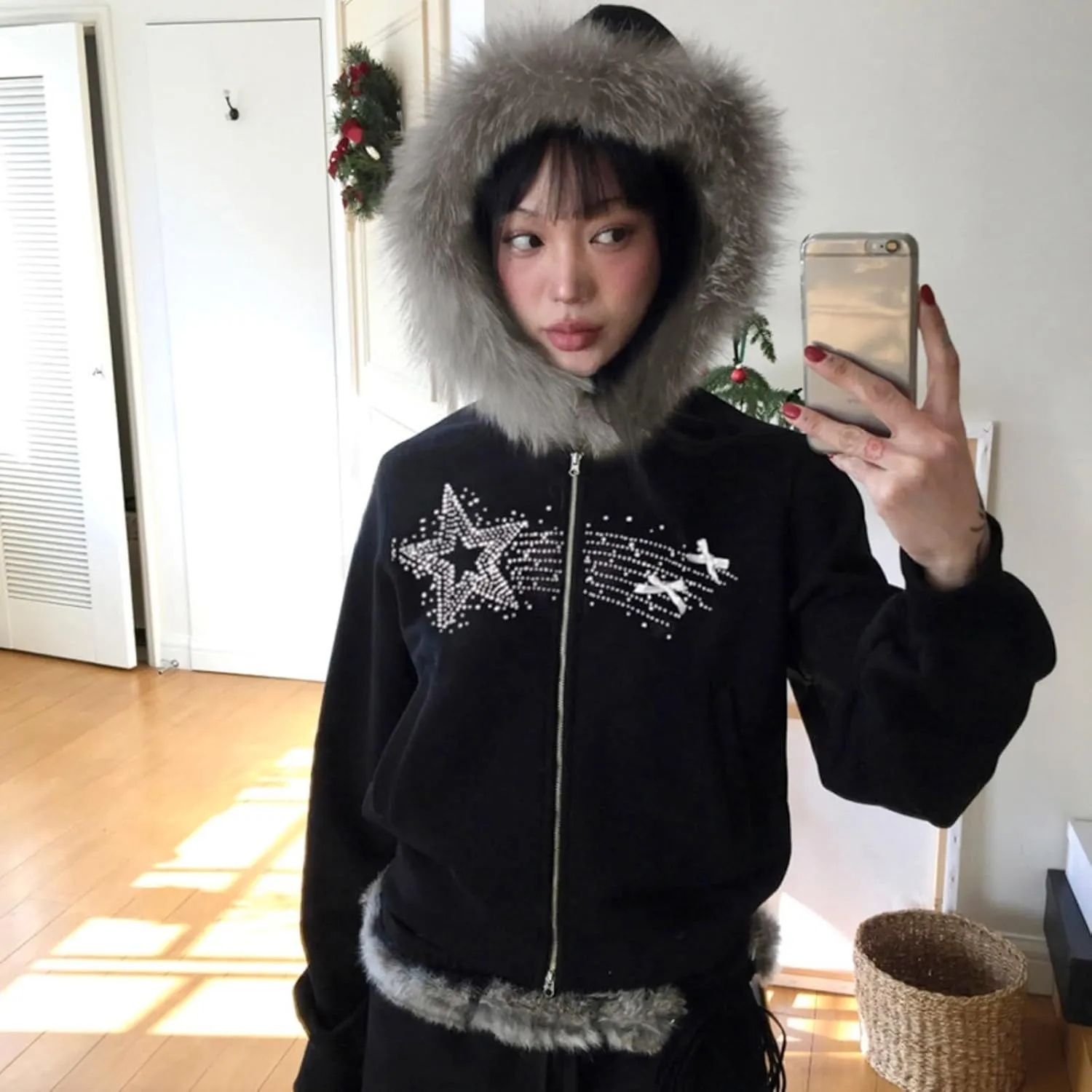 Y2k Zip Up Hoodie Fur Hooded Jacket Graphic Hoodie Grunge 2000s Clothing for Women Crop Winter Coats Streetwear