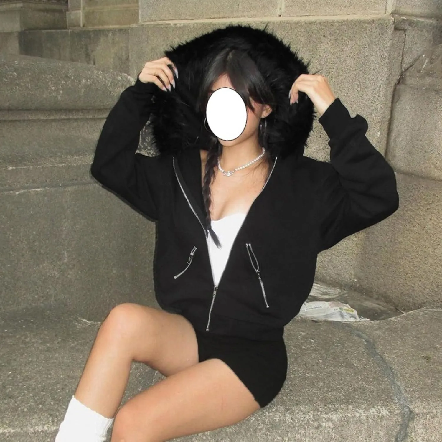 Y2k Zip Up Hoodie Fur Hooded Jacket Graphic Hoodie Grunge 2000s Clothing for Women Crop Winter Coats Streetwear