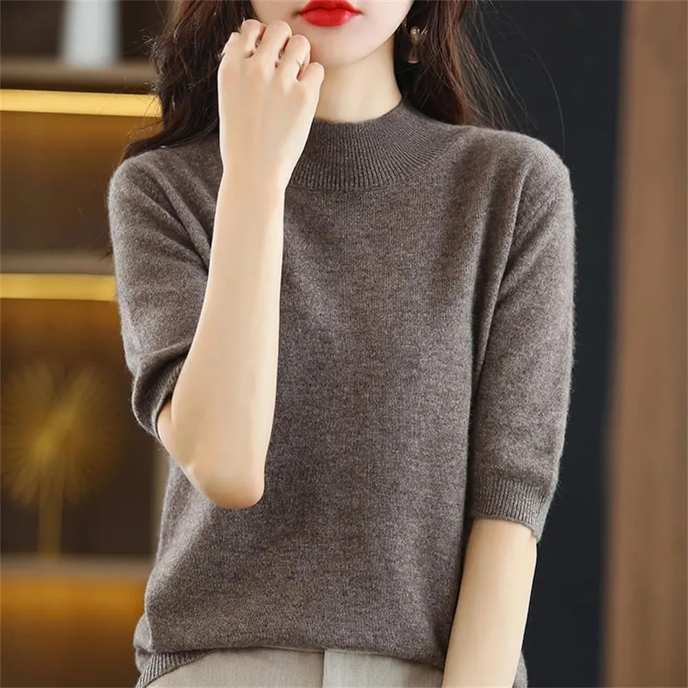 YTR6TW Women Summer Cashmere Sweater Women Solid Short Sleeve Pullovers Knitted Sweaters