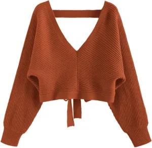 ZAFUL Women's V Neck Cropped Sweater Ribbed Knit Pullover Tops Sexy Drop Shoulder Jumpers