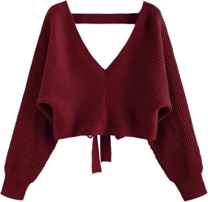 ZAFUL Women's V Neck Cropped Sweater Ribbed Knit Pullover Tops Sexy Drop Shoulder Jumpers