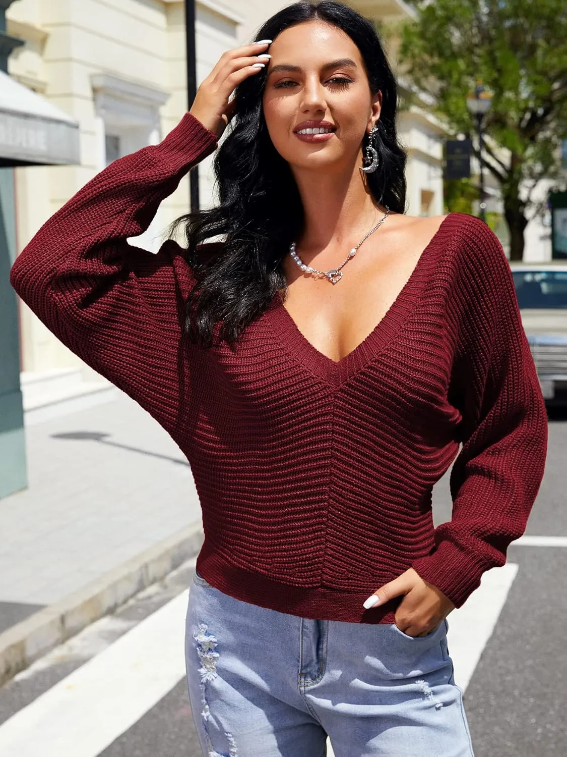 ZAFUL Women's V Neck Cropped Sweater Ribbed Knit Pullover Tops Sexy Drop Shoulder Jumpers