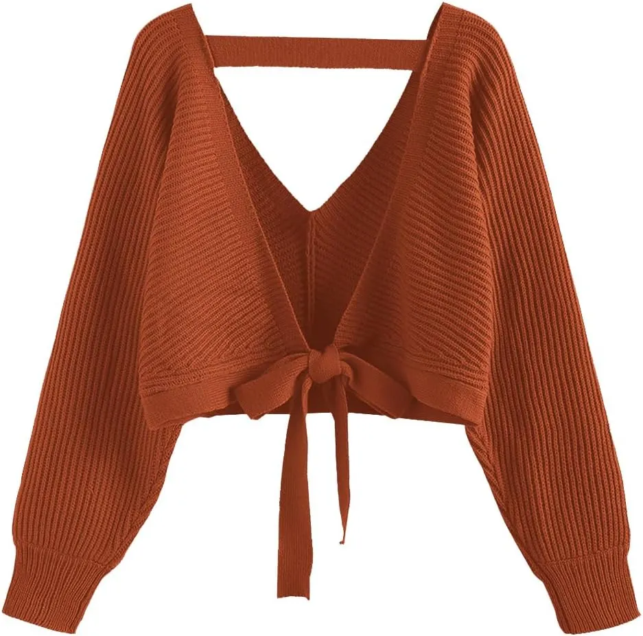 ZAFUL Women's V Neck Cropped Sweater Ribbed Knit Pullover Tops Sexy Drop Shoulder Jumpers