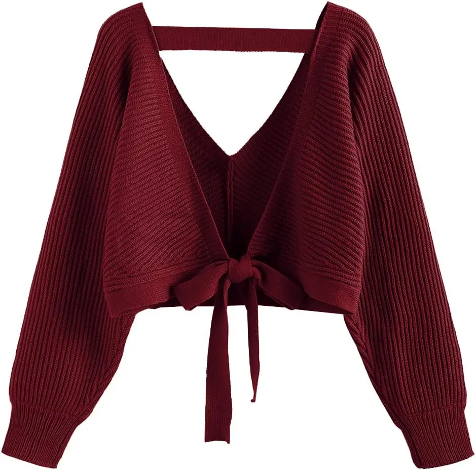 ZAFUL Women's V Neck Cropped Sweater Ribbed Knit Pullover Tops Sexy Drop Shoulder Jumpers