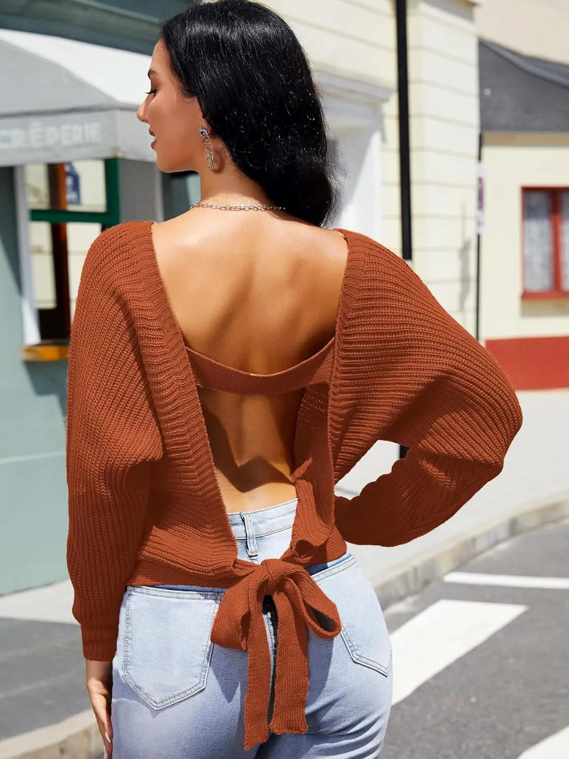 ZAFUL Women's V Neck Cropped Sweater Ribbed Knit Pullover Tops Sexy Drop Shoulder Jumpers