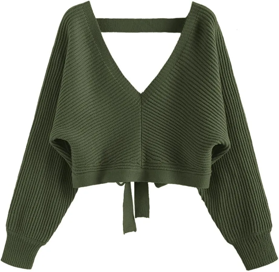 ZAFUL Women's V Neck Cropped Sweater Ribbed Knit Pullover Tops Sexy Drop Shoulder Jumpers