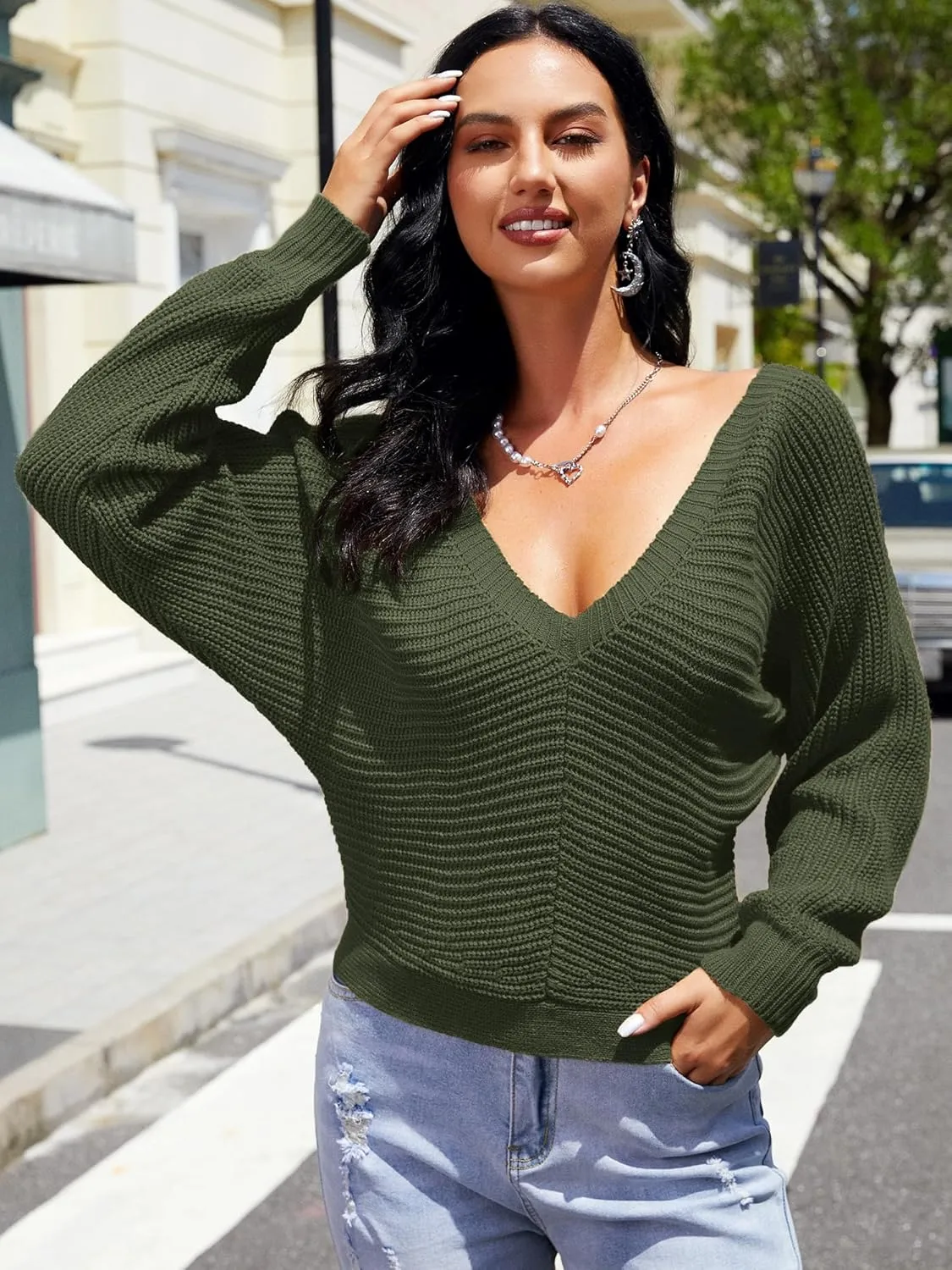 ZAFUL Women's V Neck Cropped Sweater Ribbed Knit Pullover Tops Sexy Drop Shoulder Jumpers
