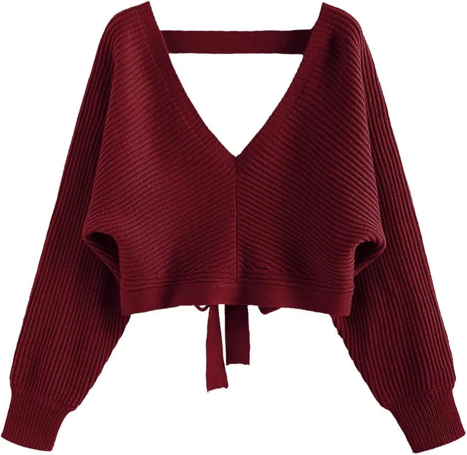ZAFUL Women's V Neck Cropped Sweater Ribbed Knit Pullover Tops Sexy Drop Shoulder Jumpers