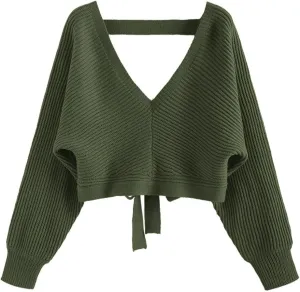 ZAFUL Women's V Neck Cropped Sweater Ribbed Knit Pullover Tops Sexy Drop Shoulder Jumpers