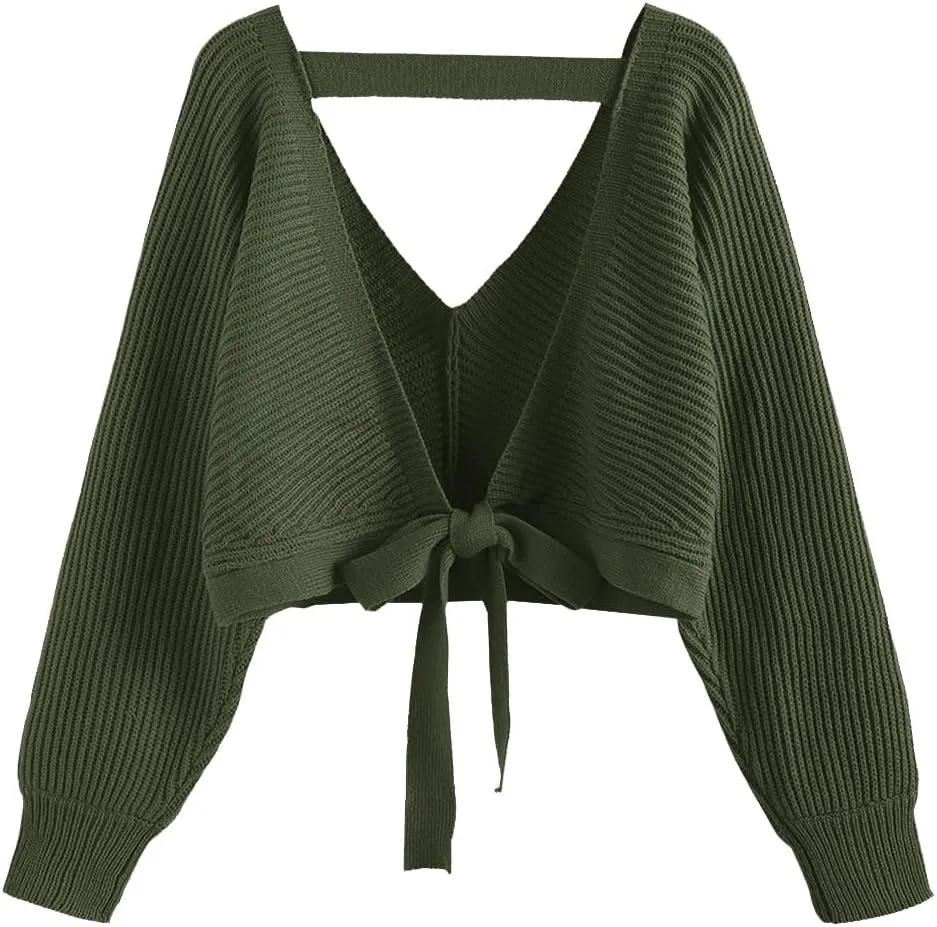 ZAFUL Women's V Neck Cropped Sweater Ribbed Knit Pullover Tops Sexy Drop Shoulder Jumpers