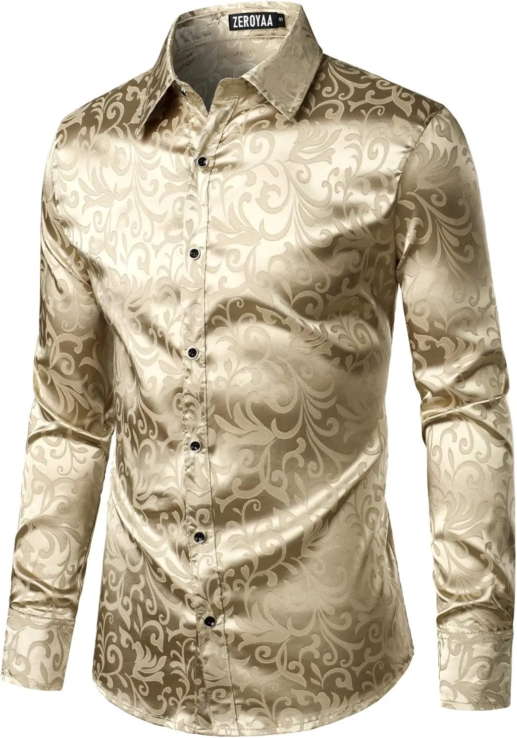ZEROYAA Men's Luxury Jacquard Long Sleeve Dress Shirt Shiny Satin Slik Like Wedding Party Prom Shirts