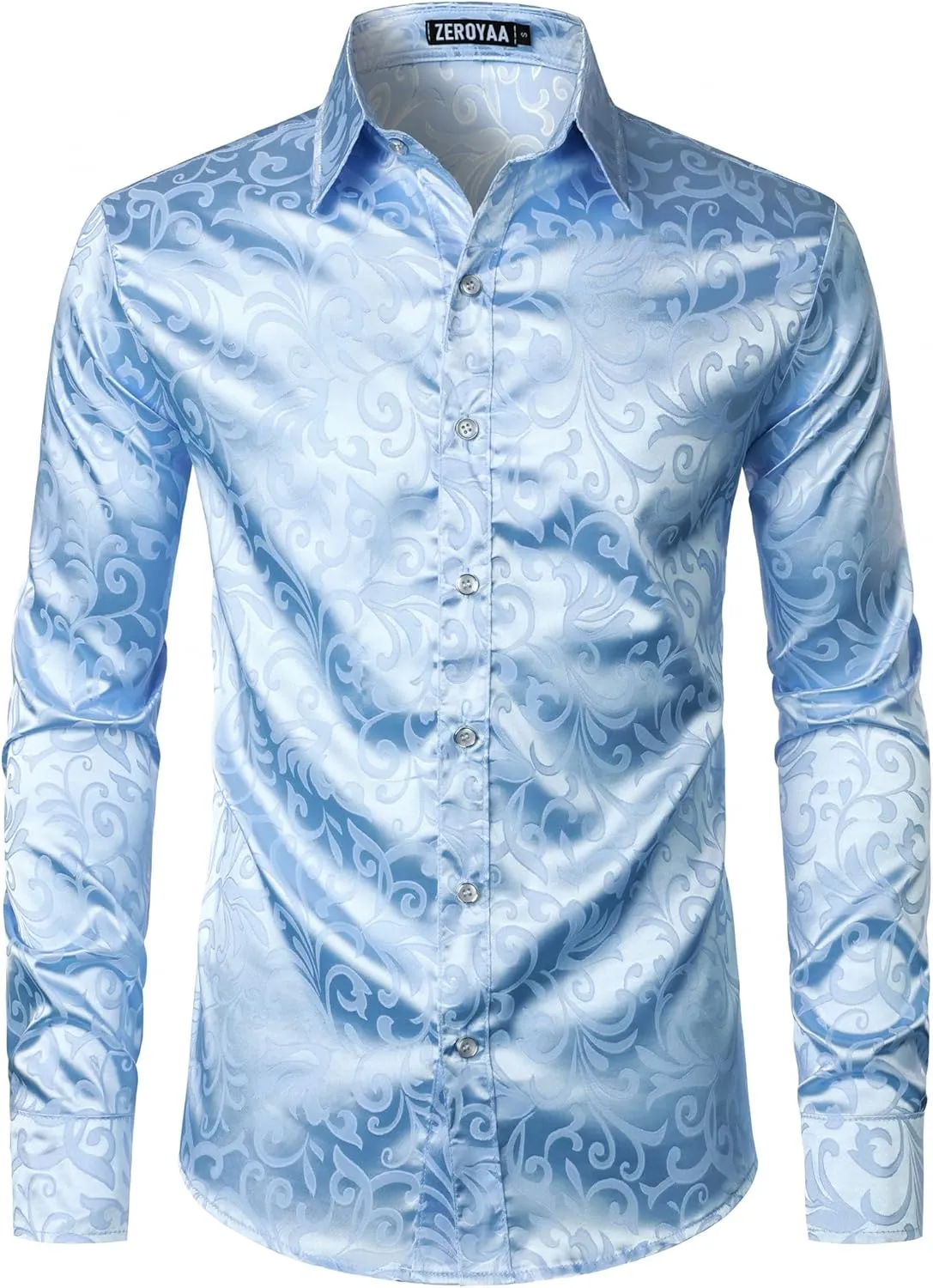 ZEROYAA Men's Luxury Jacquard Long Sleeve Dress Shirt Shiny Satin Slik Like Wedding Party Prom Shirts
