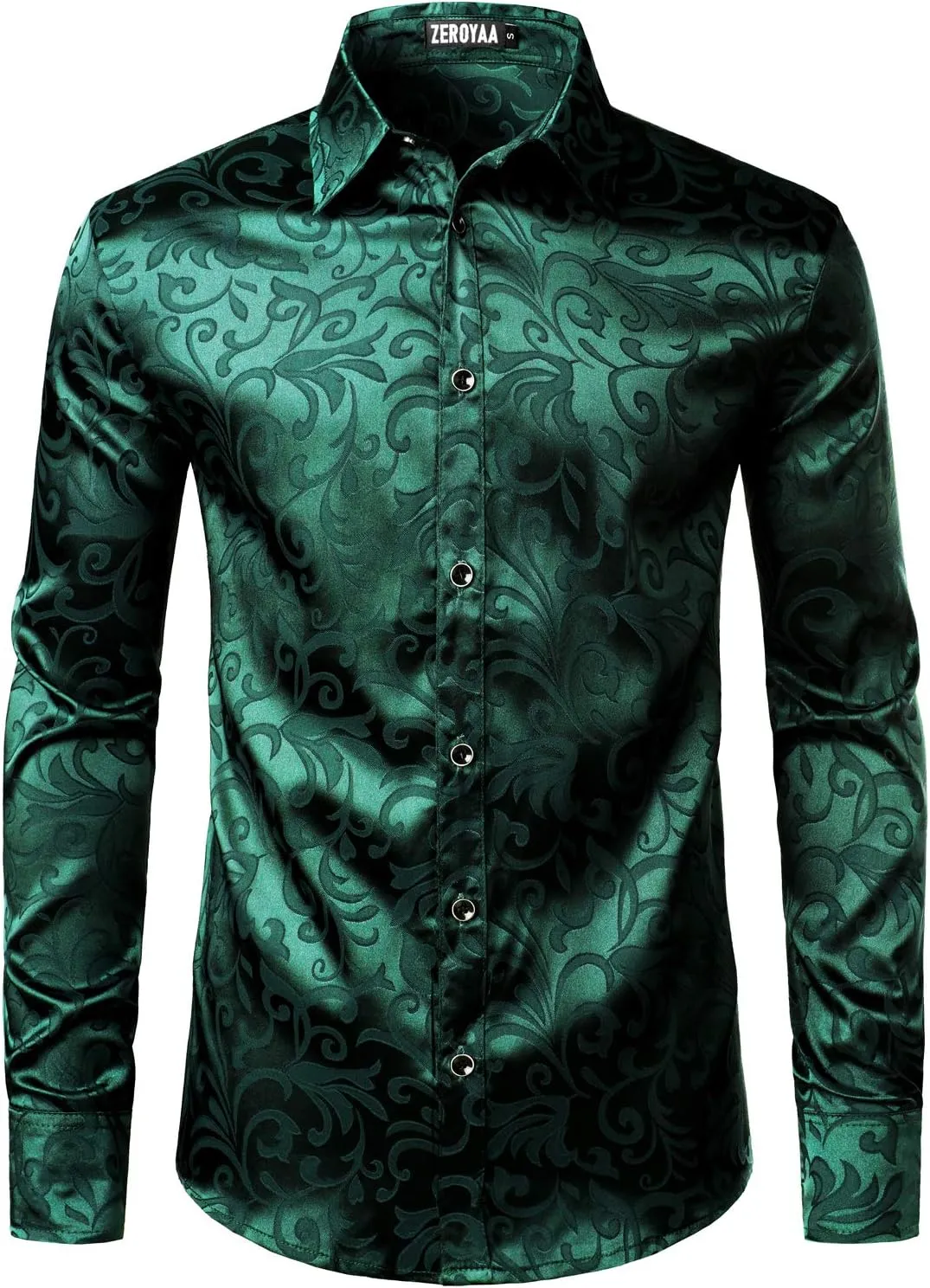 ZEROYAA Men's Luxury Jacquard Long Sleeve Dress Shirt Shiny Satin Slik Like Wedding Party Prom Shirts