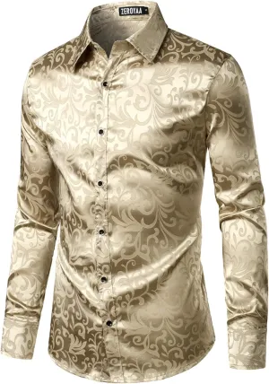 ZEROYAA Men's Luxury Jacquard Long Sleeve Dress Shirt Shiny Satin Slik Like Wedding Party Prom Shirts