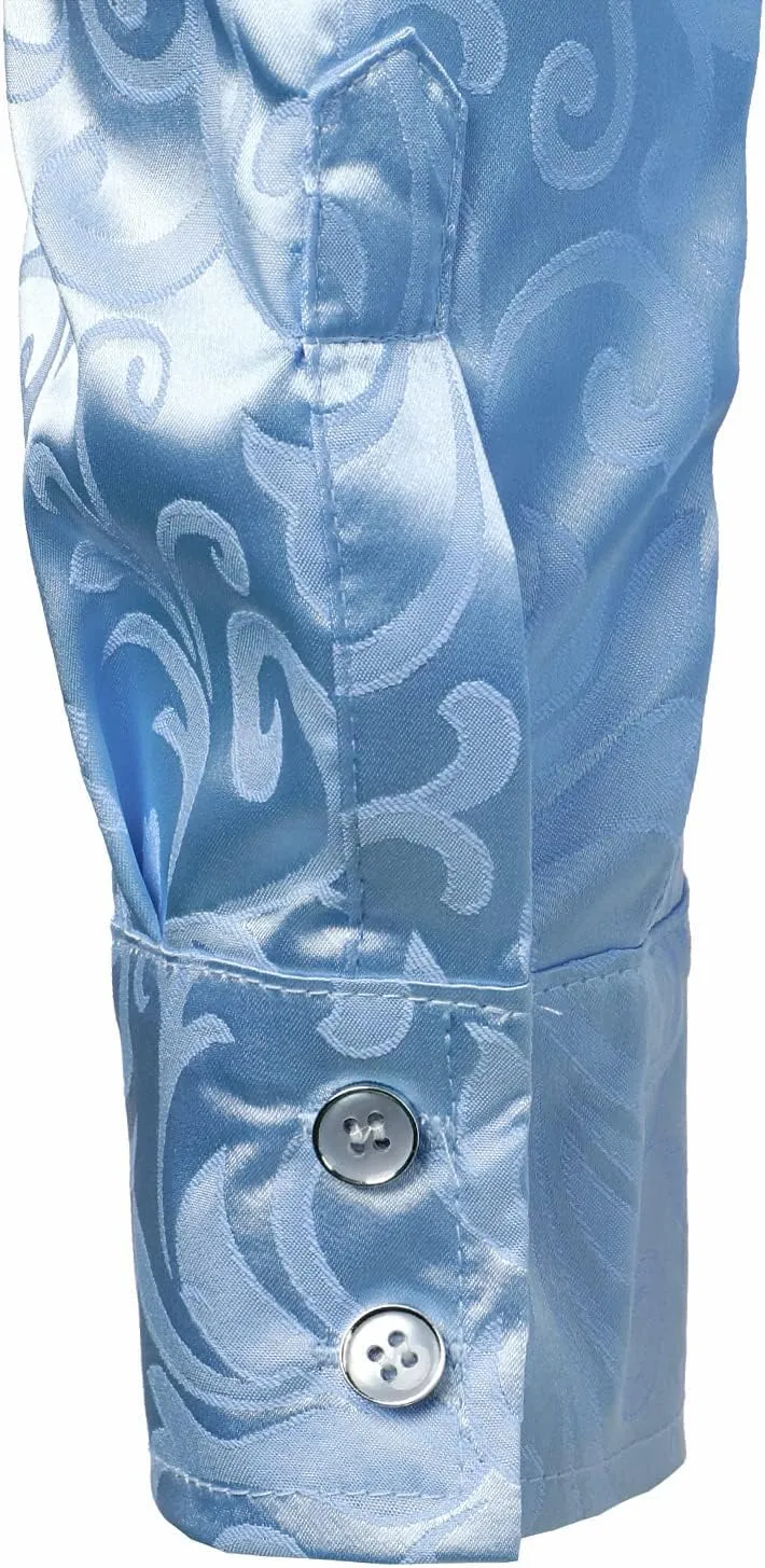 ZEROYAA Men's Luxury Jacquard Long Sleeve Dress Shirt Shiny Satin Slik Like Wedding Party Prom Shirts
