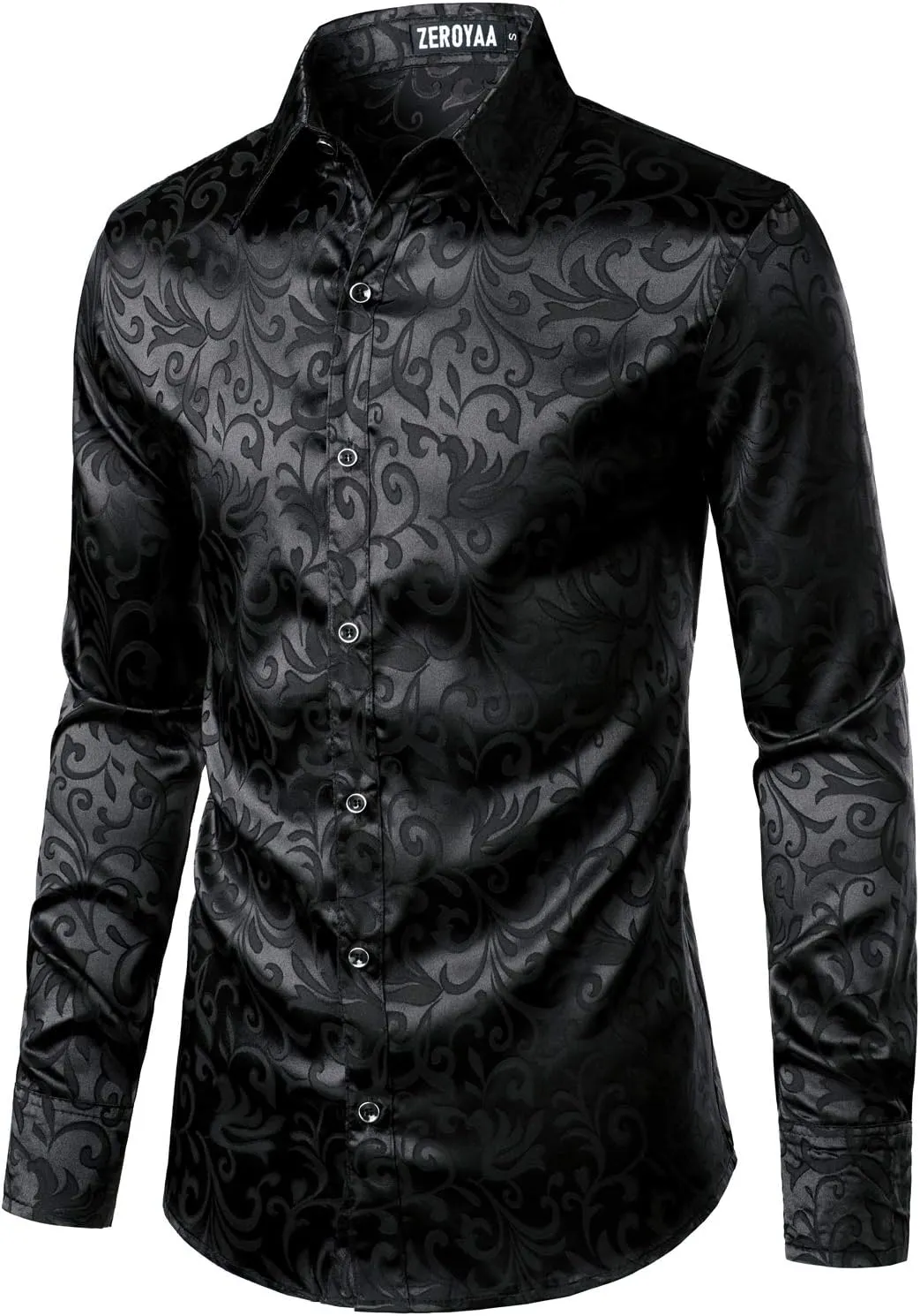 ZEROYAA Men's Luxury Jacquard Long Sleeve Dress Shirt Shiny Satin Slik Like Wedding Party Prom Shirts