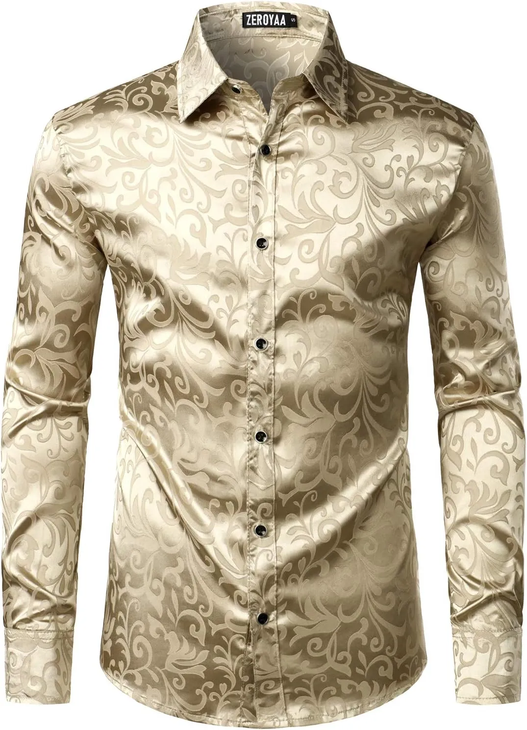 ZEROYAA Men's Luxury Jacquard Long Sleeve Dress Shirt Shiny Satin Slik Like Wedding Party Prom Shirts